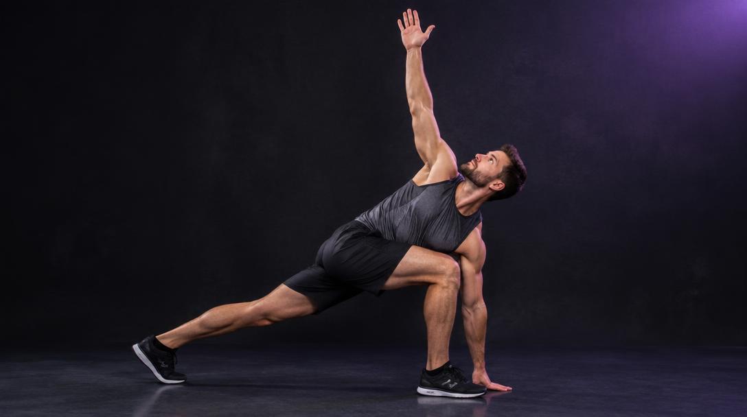 World's Greatest Stretch: Man in a deep lunge with one hand on the floor and the other arm reaching up and open