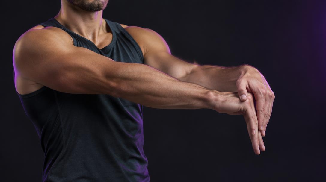 Wrist Flexor Stretch: Man extending one arm with the palm up, gently drawing the fingers back