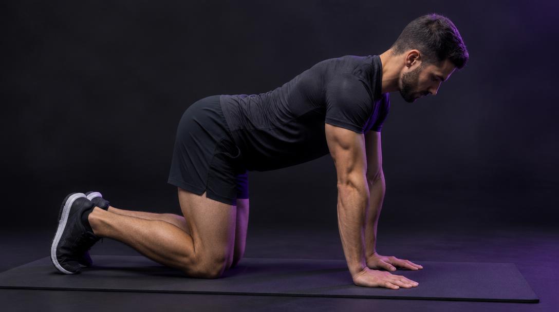 Quadruped Wrist Rocks: Man on all fours rocking his bodyweight forward over flat palms